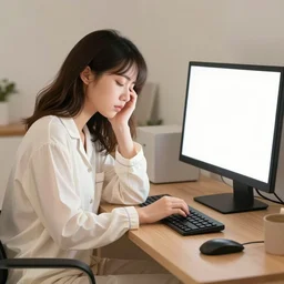 girl in pyjamas working on computer, tired bags around eyes, digital art