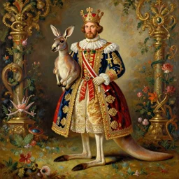 the royal king's kangaroo by greg hildebrant lisa frank fancy rococo baroque regal oil painting high quality award winning clothed in fancy garb