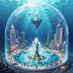 A bustling beautiful city on the sea floor inside a glass dome with superbowl sunday decorations during superbowl sunday, anime, fountain, statue, underwater, rapture, fish flying over head, godrays, a fantasy digital painting by Greg Rutkowski and James Gurney, trending on Artstation, highly detailed
