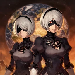 a portrait of 2 b nier automata, post apocalyptic earth in the background as seen by greg rutkowski, dark theme, enchanted, warm colors, high quality, waw, trending on artstation