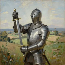 painting of knight holding up his sword, countryside, daytime, beautiful portrait by john everett,