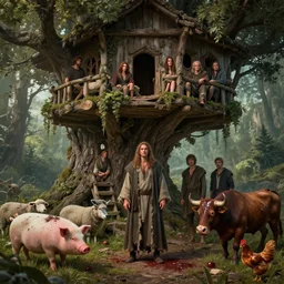 high intricate full shot of an anthropomorphic male druid in a tattered robe below an ancient tree house, pig, sheep, wolf, bull, chicken, covered in blood, maria panfilova, andrea savchenko, mike kime, ludovic plouffe, qi sheng luo, oliver cook, david noren, trending on artstation