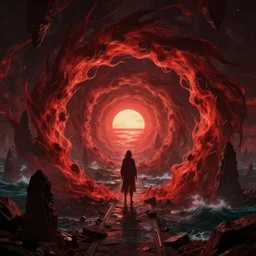 dark matter red infernal world future landscape ocean and sun limbo spiral hyper 4D reflection in the horror them open street schizophrenia and stratification of consciousness mind mad spirit man highly detailed full HD 8K resolution