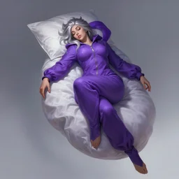 a highly detailed illustration of silver haired woman wearing purple onesie floating on pillow, dramatic floating pose, sleepy expression, intricate, elegant, highly detailed, centered, digital painting, artstation, concept art, smooth, sharp focus, league of legends concept art, wlop