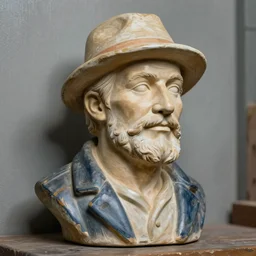 hyper realistic closeup bust of a new england fisherman, steve buscemi, painted, colorized, bossons vintage chalkware, by emile renouf