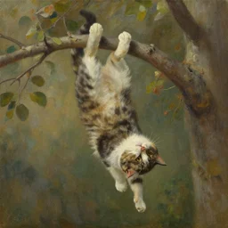 old oil painting of a a cat hanging from a tree branch, trending on artstation