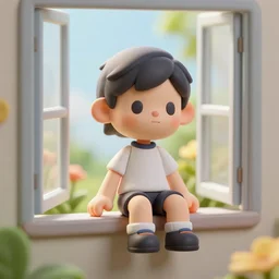 a 3d render of a miniature action figure sitting next to an open window with floral serene environment outside, 4k, Realistic, detailed, trending on artstation, clay render, smooth shine texture