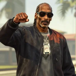 snoop Dogg as a gta san andreas character, HDR, natural light, shoulder level shot, dynamic pose, award winning photograph,