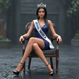 3 d octane render unreal engine of miss of the world in the rain sitting on the chair by conrad roset