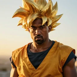 kanye west, golden hour, fantasy, sharp focus, digital art, hyper realistic, 4 k, unreal engine, highly detailed, hd, dramatic lighting by brom, trending on artstation, super saiyan goku hairstyle