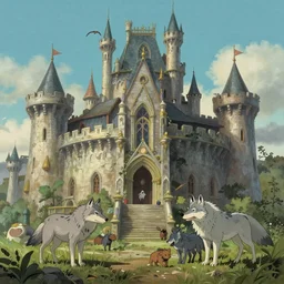 wolves and their treasures - fantasy castle, trending on artstation, illustration, digital painting, highly detailed render by studio ghibli