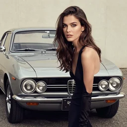 Professional photography, a beautiful woman with a 1967 Alpha Romeo