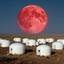 small settlement on an unknown planet, white capsule houses standing close together, big scarlet moon in the sky, hyperrealism, by norman rockwell, by syd mead