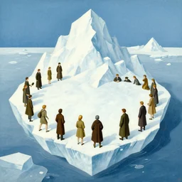 A vintage scientific illustration from the 1970s of a choreography for people are frozen in an iceberg René Magritte