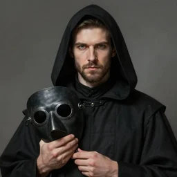 portrait of a man in black hooded robes holding a plague doctor mask in hand, detailed art by greg rukowtski, detailed handsome face, stubble
