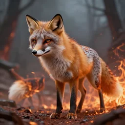 polar fox as god of destruction, fire, post apocalyptic world, hyperrealistic, highly detailed - n 9 - s 1 0 0
