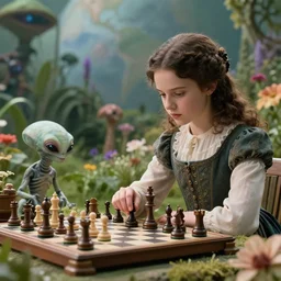 still from a sci fi blockbuster movie made in 2022, set in 1860,  a girl playing chess with a small humanoid alien creature, wearing 1850s era clothes, in a garden full of alien plants and flowers, on an alien planet, good lighting, 8k, in focus faces, good quality photography