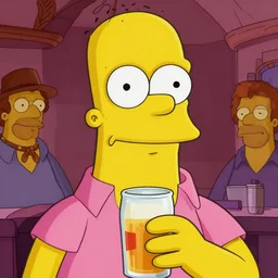 close up sci - fi barney gumble simpsons, drunk clean shaven man wearing a pink shirt, yellow skin, holding a duff beer, centered, digital painting, sharp focus, illustration, artgerm, tomasz alen kopera, peter mohrbacher, joseph christian leyendecker, wlop, frank frazetta