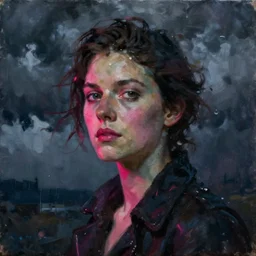 Astrid Frisbey in the style of Paola Vetri, head and shoulders portrait, stormy weather, extremely detailed masterpiece, oil on canvas, low-key neon lighting, artstation, Blade Runner 2049, Roger Deakin’s cinematography, by J. C. Leyendecker and Peter Paul Rubens and Edward Hopper and Michael Sowa,