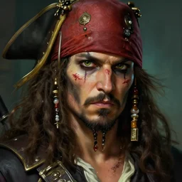close up of a pirate with scars and a face tattoo, deep focus, d & d, fantasy, intricate, elegant, highly detailed, digital painting, artstation, concept art, matte, sharp focus, illustration, hearthstone, art by artgerm and greg rutkowski and alphonse mucha