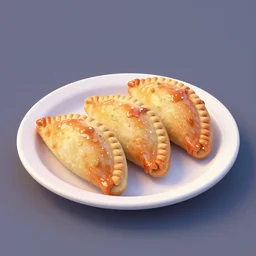 concept art full isometric view of a plate with three delicious turnovers with glazing in the style of pixar and disney, octane render, cinema 4 d