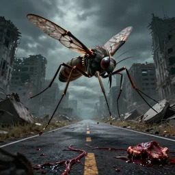 Giant mosquito monster flying in the road of the ruined city. Drops of blood and meat with veins on the road. Ruins. Dark colors, high detail, hyperrealism, horror art, 8k, concept art, octane render