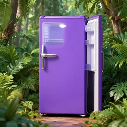 purple refrigerator in a jungle, 4k photograph