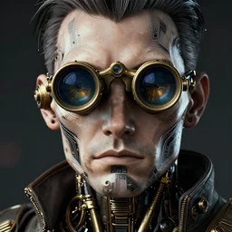 a beautiful portrait of a male android with telescope eyes, cinematic, concept art, steampunk, intricate lines, contrast, 8 k, hdr