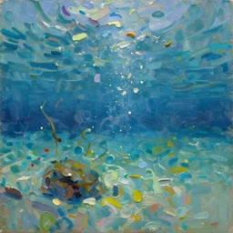 oil paint impasto, beautiful under water scene, multi layered thick brush marks, some splattered paint, in the style frank auerbach and redon