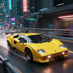 one akira style 1 9 8 5 lamborghini countach,, dramatic speed racer lighting, racing fast around a cyberpunk city corner