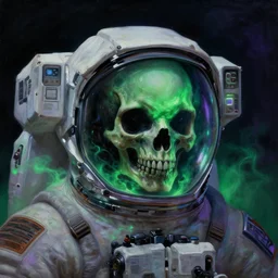 a close - up view portrait of a lone astronaut, brutalist dock halls with green alien fog, close - up view, detailed textures. glowing green purple fog, dark black background. murder poison skull face, highly detailed fantasy science fiction painting by moebius!!!!!!, norman rockwell, frank frazetta, and syd mead. rich dark colors