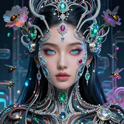 very beautiful woman integrating with technology, full face frontal centered, portrait, insipiring, detailed intricate ornate cables connected to head, big open electric eyes, luxurious detailed abundent wiring and implants, diamonds, ruby, sci - fi, neon, glow, lucious hair, emeralds, detailed technology background with cyber flowers and insects, highly detailed, artstation, 8 k, by lalique