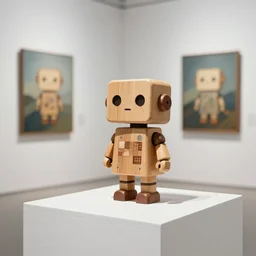 ultra realistic 8k octan photo wooden art toyz on piedestal cute robot zen on a contemporary art gallery