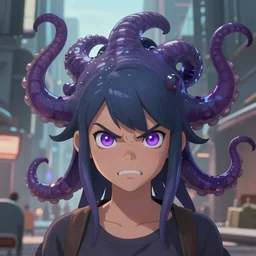 artstation young teen with purple eyes and tentacles on her head in fury, very detailed, in glass town, portrait, ultra realistic