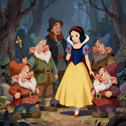 7 deadly dwarfs and snow white, highly detailed, concept art, trending on artstation