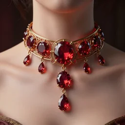 historical, art nouveau, deep red gemstone neck choker, glowing inside, octane render, realistic, dramatic light, 3 d, photograph 4 k,