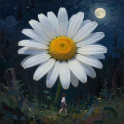 giant daisy flower as a head, girl walking in forest, surreal photography, dark night, stars, moon light, impressionist painting, clouds, digital painting, artstation, simon stalenhag