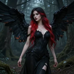 a beautiful cinematic sexy female seraphim, black wings slightly burnt, fantasy forest landscape, fantasy magic, long hairstyle, long red black fade hair, dark light night, intricate, elegant, sharp focus, illustration, highly detailed, digital painting, concept art, matte, art by WLOP and Artgerm and Greg Rutkowski and Alphonse Mucha, masterpiece