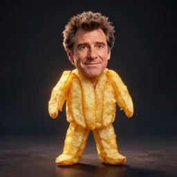 photo of [ a single salted french fry chip ] shaped into stephen fry as a pixar character hybrid intercross mix cinematic lighting