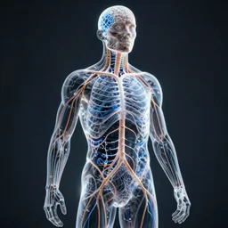 human neural network, Human nervous system, Electricity, transparent, full body, Enviroment, 8k