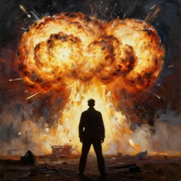 high quality high detail painting by ilya repin, silhouette of man standing in front of huge explosion, hd