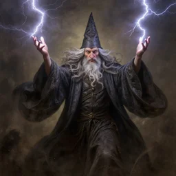 wizard with lightning bolt from hand, windy, stoic, is ( ( with arms half lifted toward us ) ). light dust, magnificent, hyperdetailed, theatrical, masterpiece, painted by jean honore fragonard and greg rutkowski