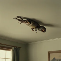 A vintage scientific illustration from the 1970s of a strange creature crawling on the living room ceiling by René Magritte