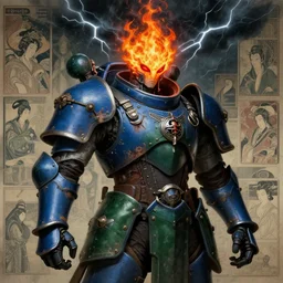 composition portrait of gothic and futuristic, warhammer, cyber japan style armor, more and more scars, thunderstorm, fire head, dodgerblue and darkgreen, highly detailed, artstation, in the style of moebius, jugendstil and classic japanese print, art by jean delville and rene magritte