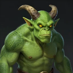 a yellow - eyed orc, green skin devilish horns etched with geometric maze paint, fantasy villain, trending on artstation