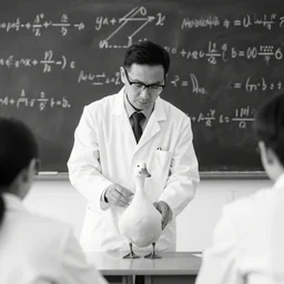 scientists discovers duck, black and white photo, classroom with blackboard covered with formulas