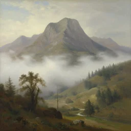 a misty mountainous landscape, realistic oil on canvas, by caspar david friedrich, john constable, beautiful lighting, acclaimed award - winning