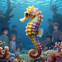 highly detailed portrait of rainbow seahorse, stephen bliss, unreal engine, fantasy art by greg rutkowski, rhads, ferdinand knab, makoto shinkai and lois van baarle, ilya kuvshinov, rossdraws, tom bagshaw, global illumination, radiant light, yellow blue theme, coral reef