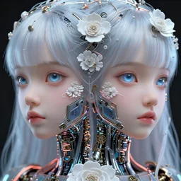 stunning hyperdetailed upclose symmetrical portrait of 2 0 year old asian cyborg girl with translucent porcelain skin, lush thick hair, big electric eyes, ultra detailed ornate neon wire lacing, ultra detailed steampunk cyborg implants, complex white nano mechanical flowers, micro detail, by satoshi kon, sharp focus, trending on artstation hq, deviantart, pinterest, 8 k