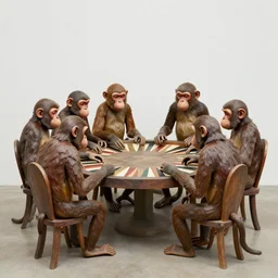 by joan miro, by tony northrup in greece insane. a beautiful sculpture of a group of monkeys playing backgammon. the monkeys are seated around a table, with some of them appearing to be deep in concentration while others appear to be playing more casually.